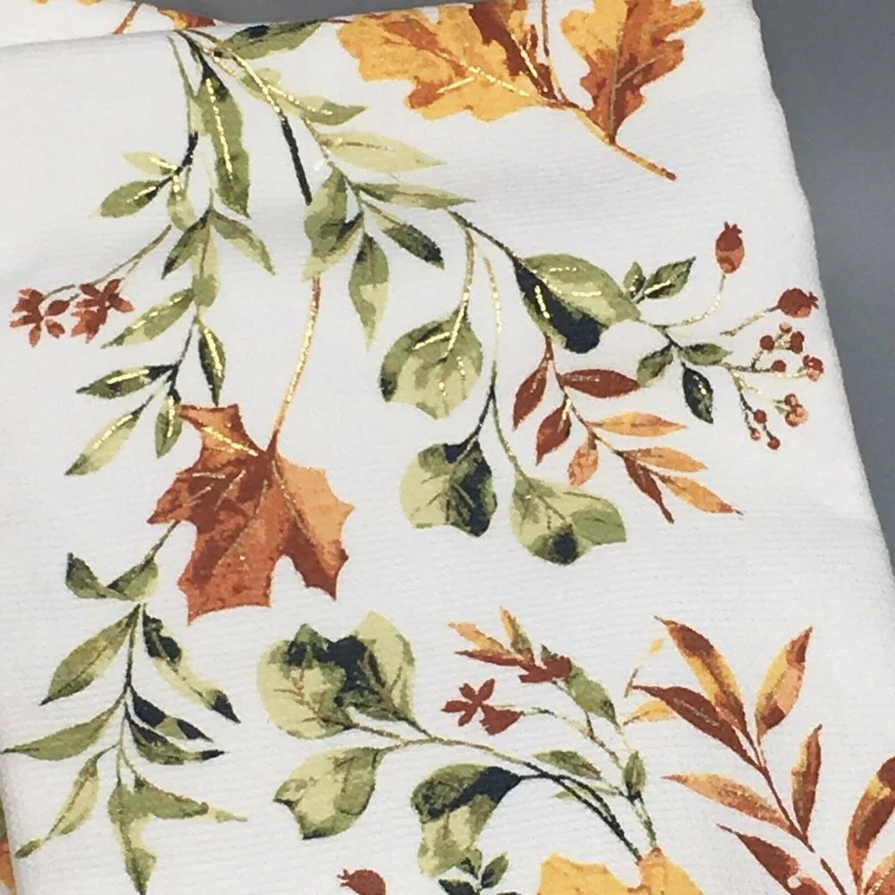 2 Shabby Chic Fall Leaves Terry Kitchen Towel Green Orange Yellow Rust Gold Foil